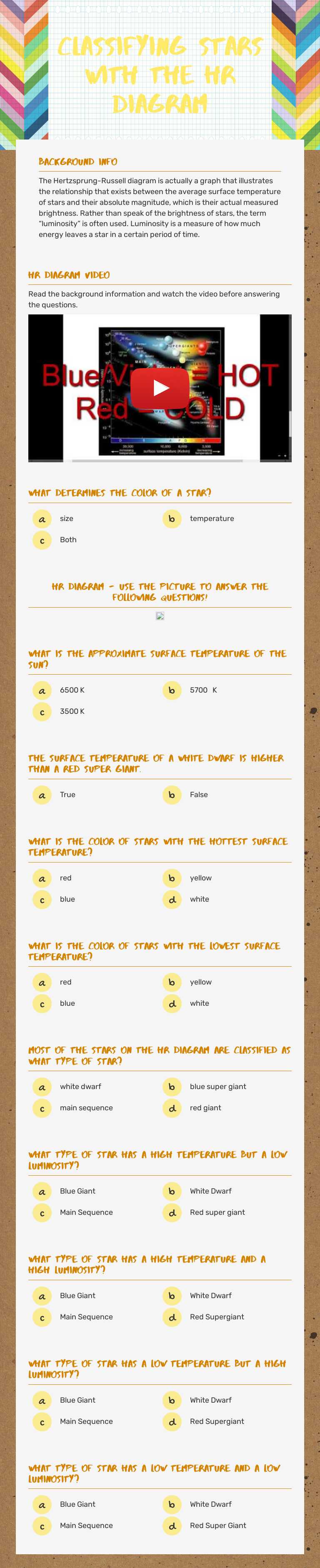 Classifying Stars with the HR Diagram worksheet preview image