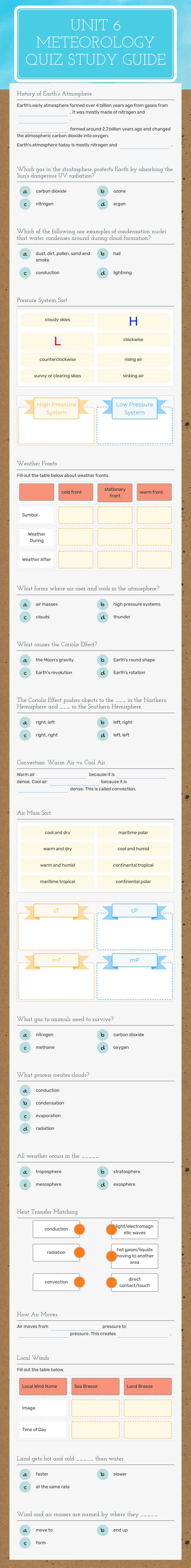 Unit 6 Meteorology Quiz Study Guide worksheet preview image