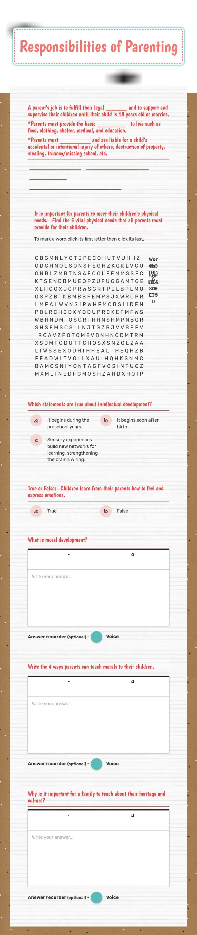Responsibilities of Parenting worksheet preview image