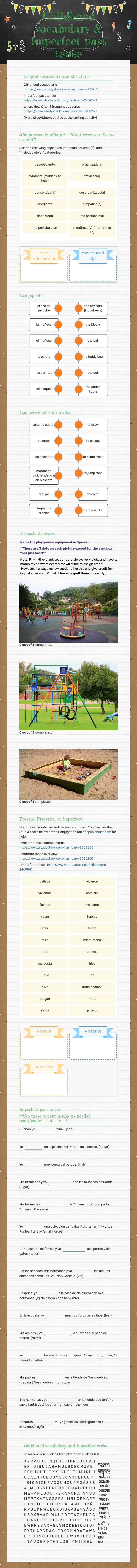 Childhood vocabulary & Imperfect past tense worksheet preview image