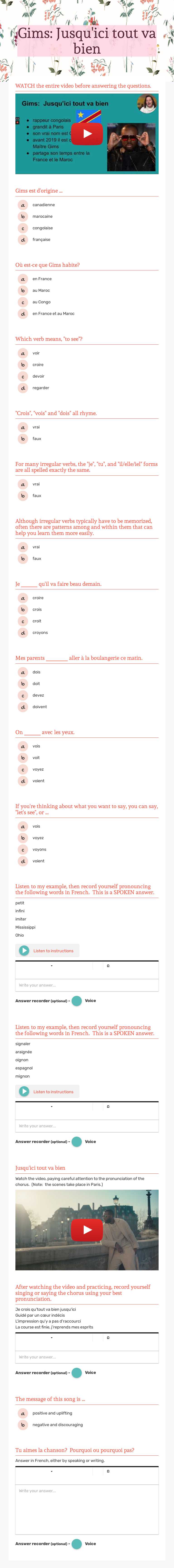 Gims:  Jusqu'ici tout va bien worksheet preview image