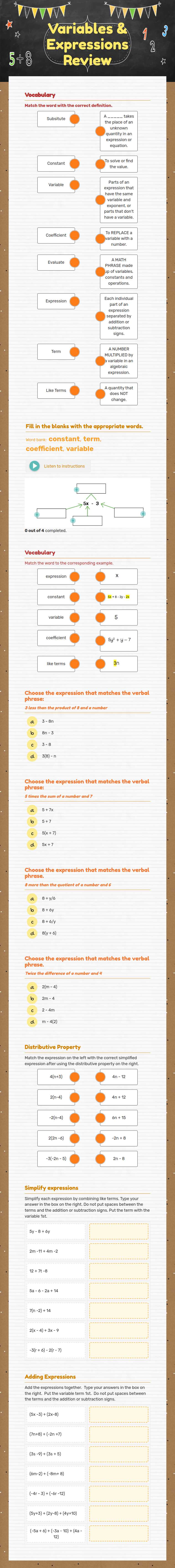 Variables & Expressions Review worksheet preview image