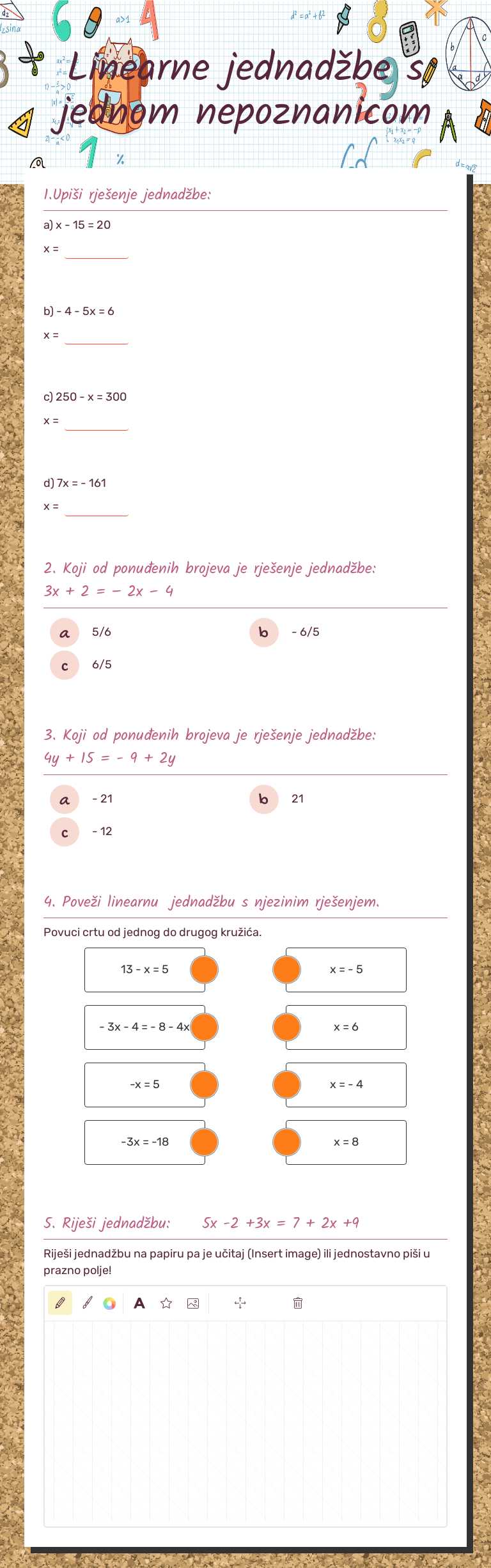 Linearne jednadžbe s jednom nepoznanicom worksheet preview image