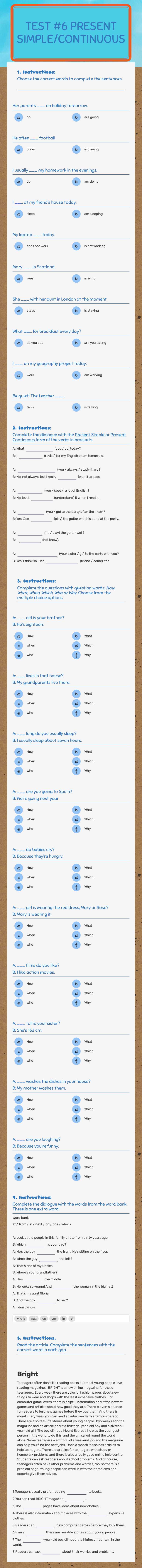 TEST #6
PRESENT SIMPLE/CONTINUOUS worksheet preview image