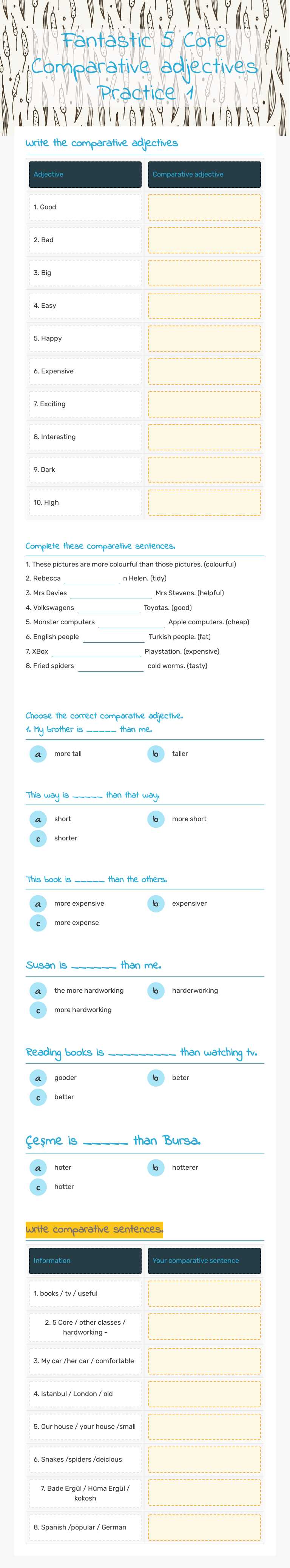 Fantastic 5 Core Comparative adjectives Practice 1 worksheet preview image
