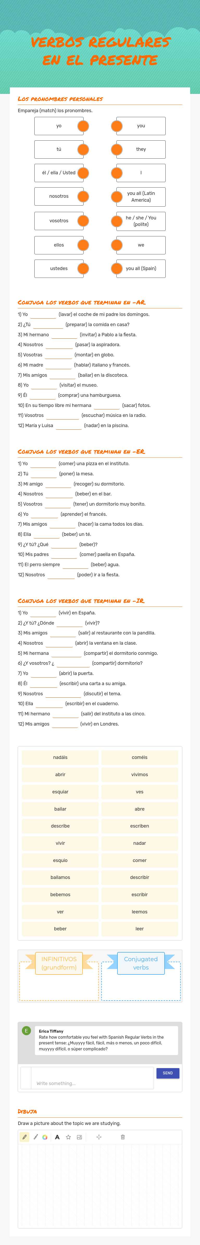 verbos regulares en el presente worksheet preview image