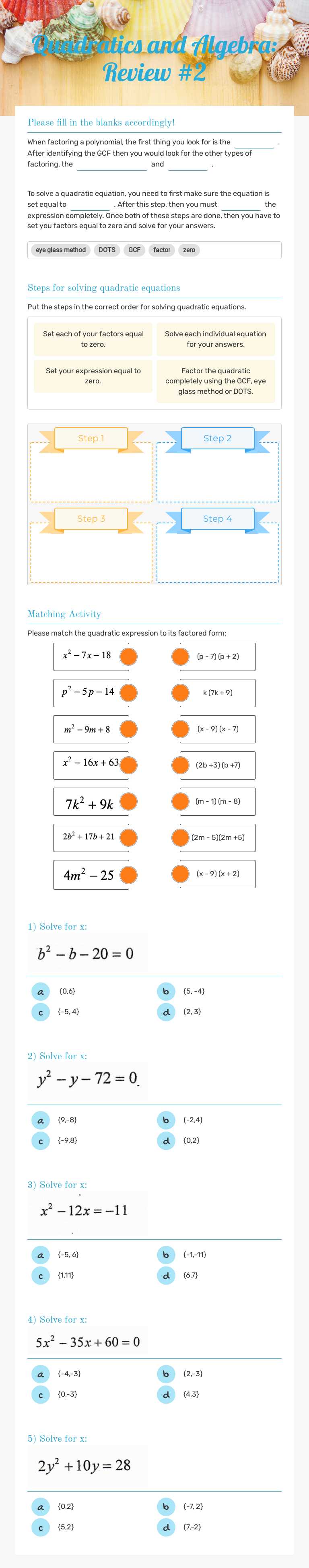 Quadratics and Algebra:  Review #2 Grade 9 worksheet preview