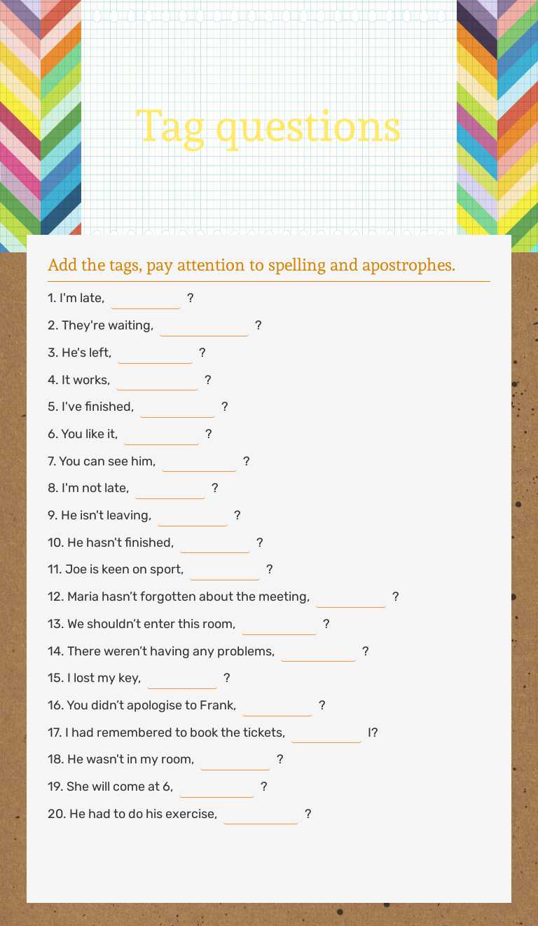 Tag questions worksheet preview image