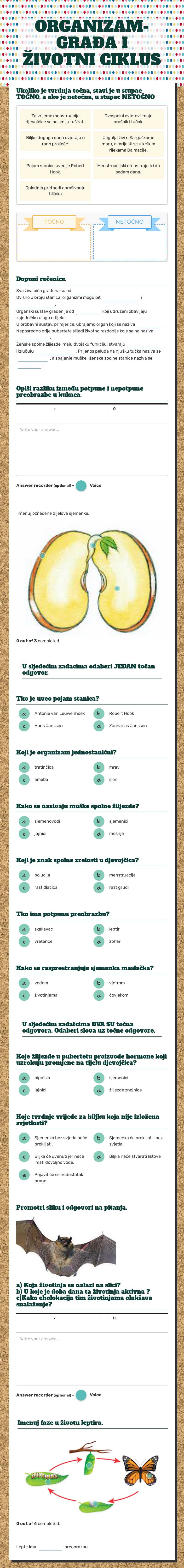ORGANIZAM-GRAĐA I ŽIVOTNI CIKLUS worksheet preview image