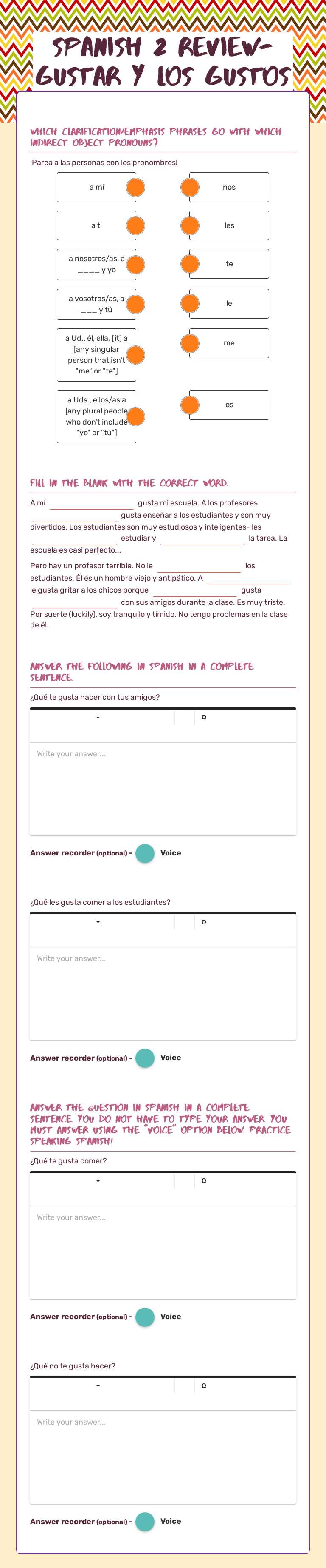 Spanish 2 review- Gustar y los gustos Grade 10 worksheet preview