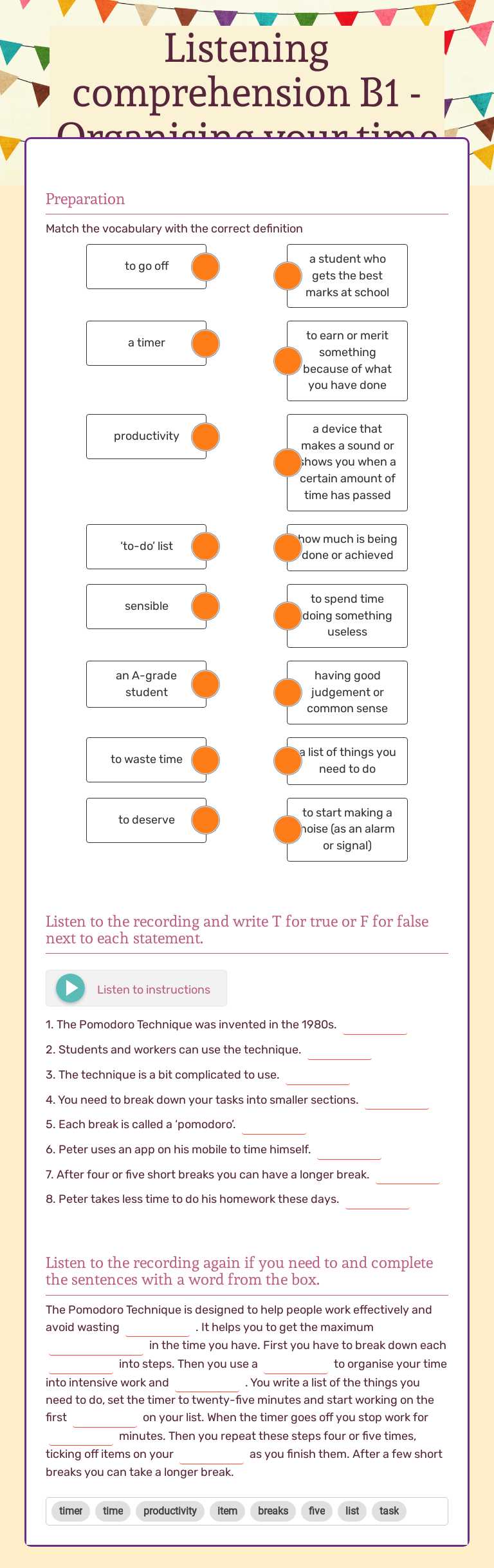 Listening comprehension B1 - Organising your time worksheet preview image