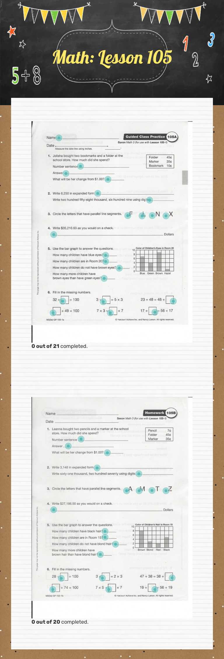 Math:  Lesson 105 worksheet preview image
