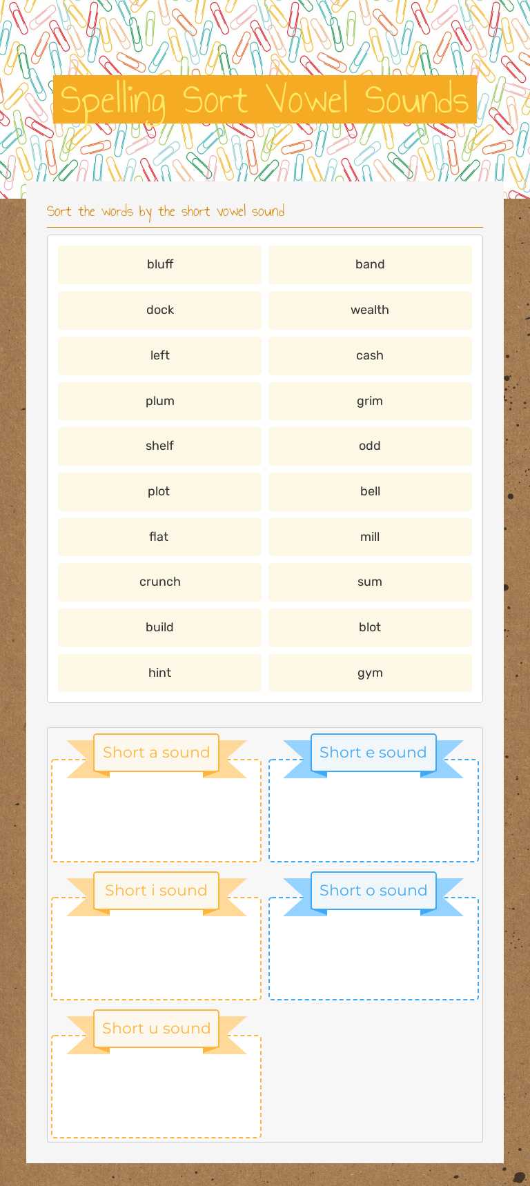 Spelling Sort Vowel Sounds worksheet preview image