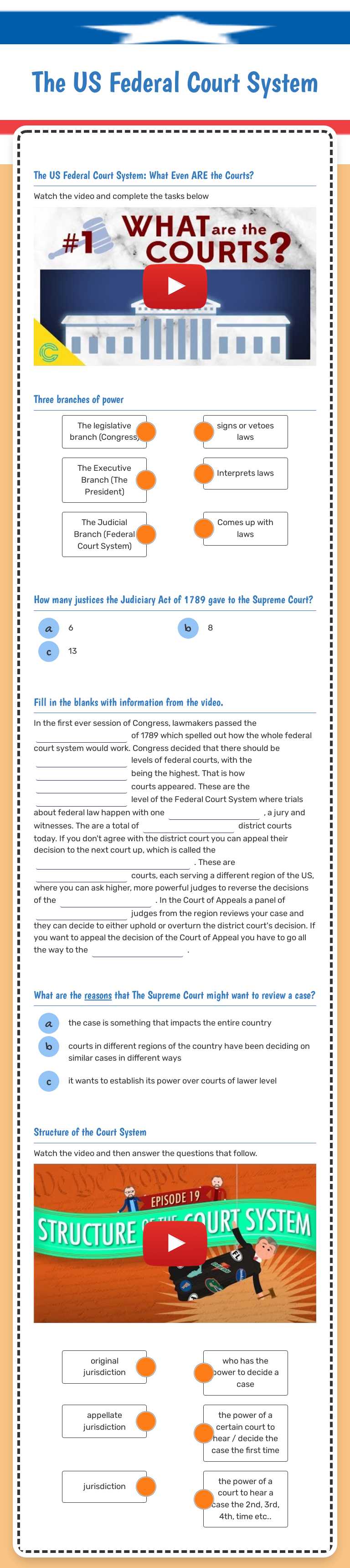 The US Federal Court System worksheet preview image