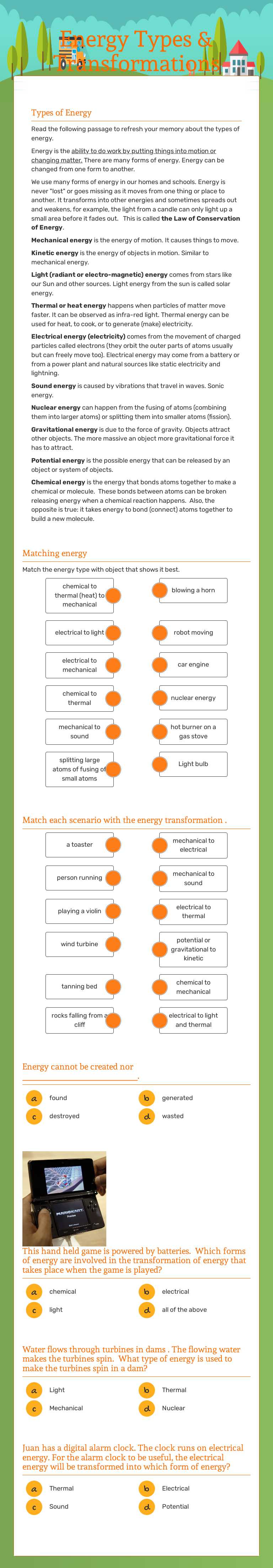 Energy Types & Transformations Grade 7 worksheet preview
