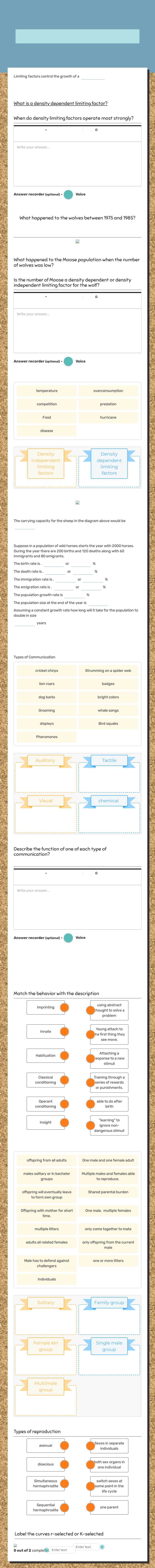 Population growth and Behavior review worksheet preview image
