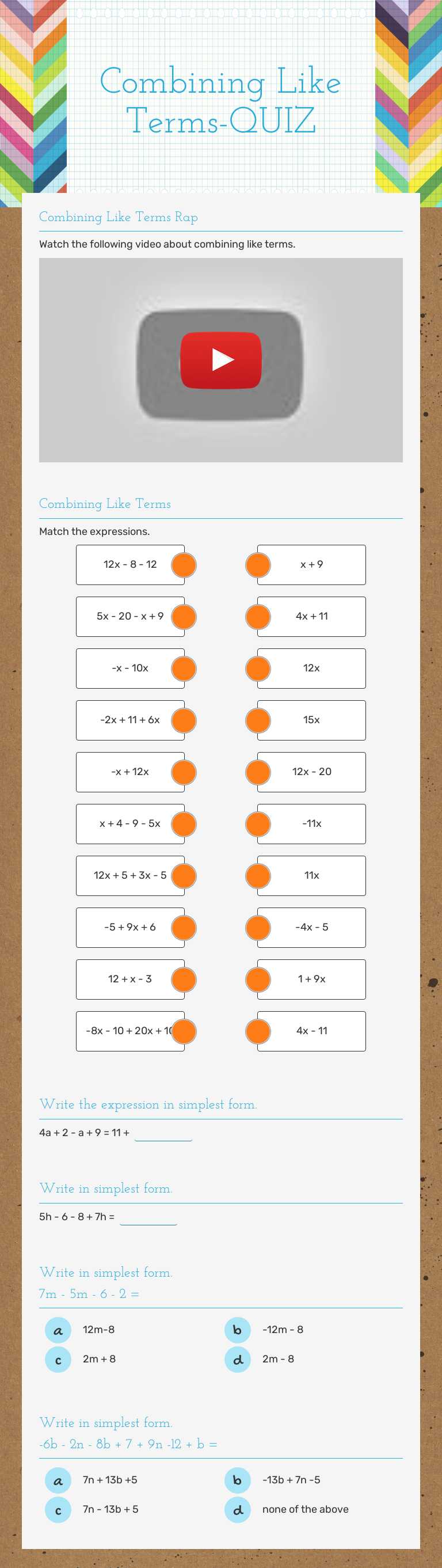 Combining Like Terms-QUIZ Grade 7 worksheet preview