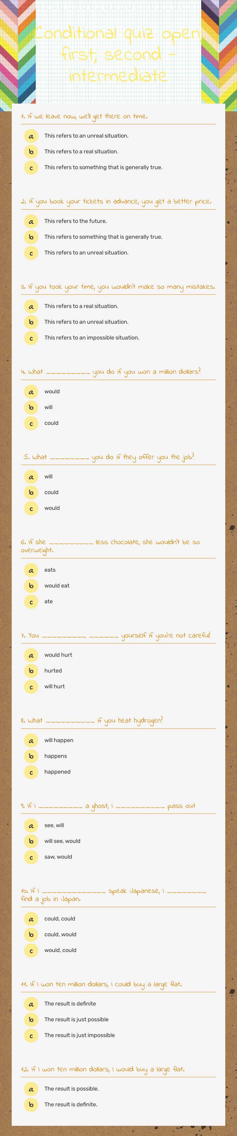 Conditional quiz  open; first; second - intermediate worksheet preview image