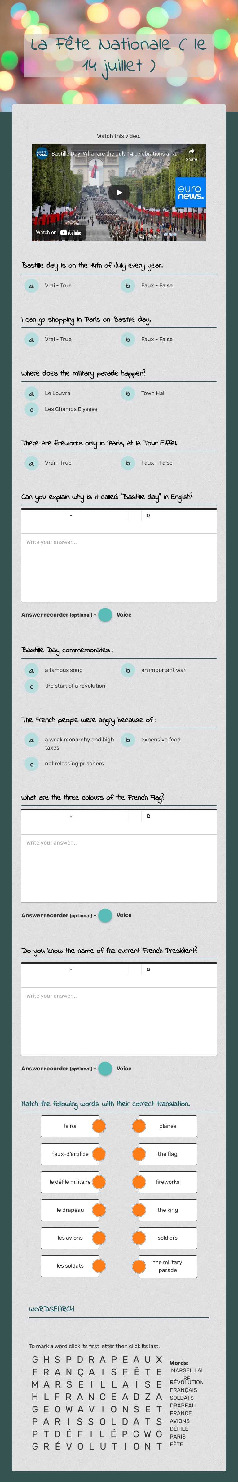 La Fête Nationale ( le 14 juillet ) worksheet preview image