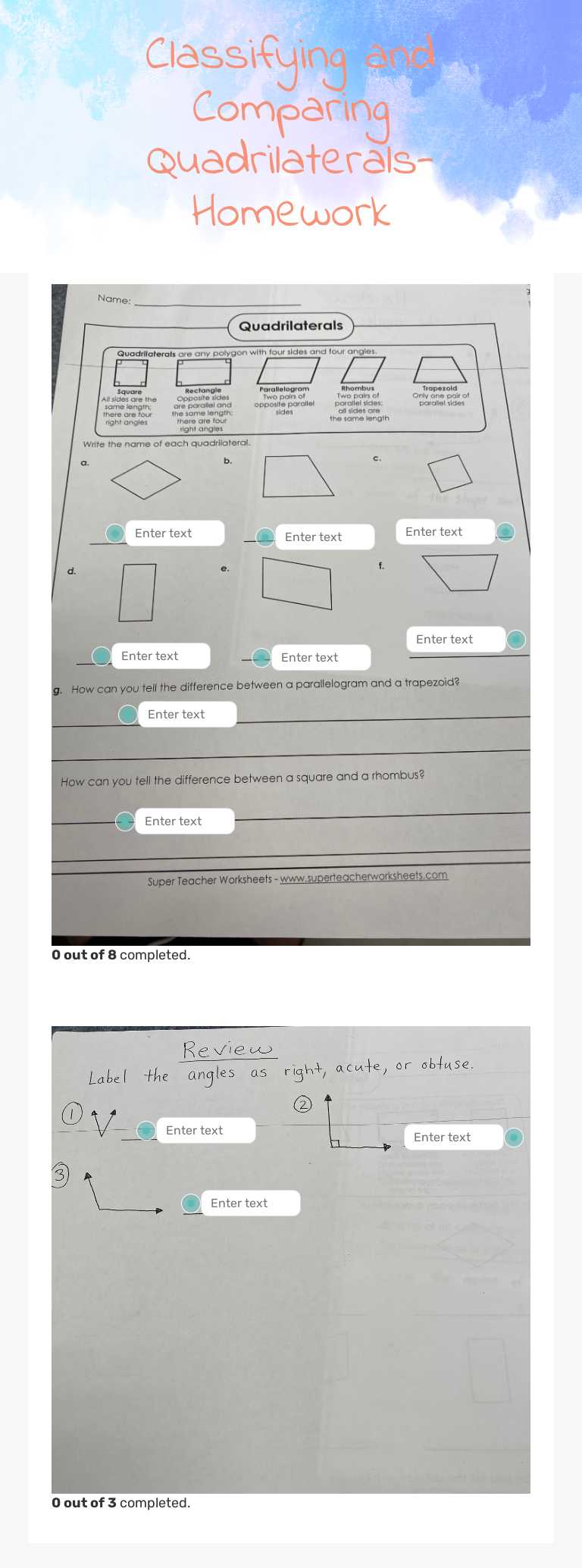Classifying and Comparing Quadrilaterals- Homework worksheet preview image