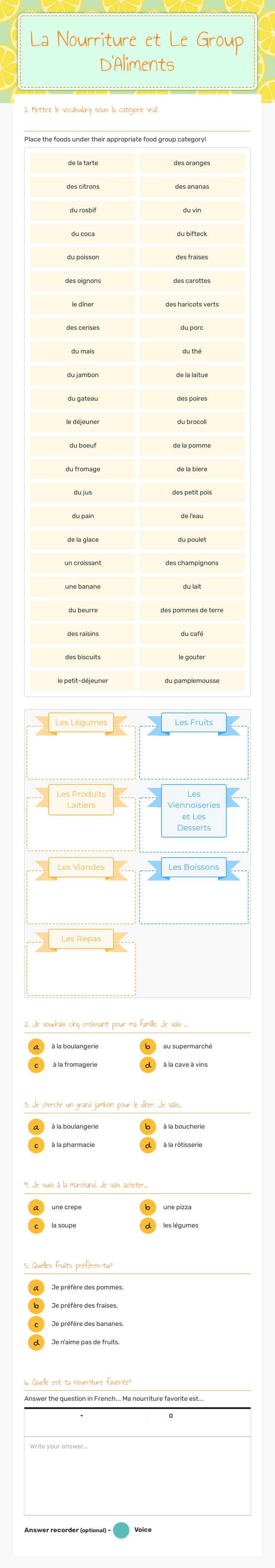 La Nourriture 
et
Le Group D'Aliments worksheet preview image