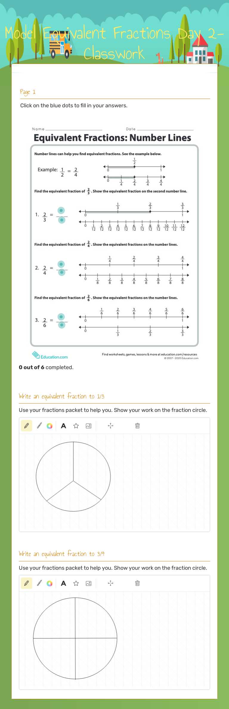 Model Equivalent Fractions Day 2- Classwork worksheet preview image