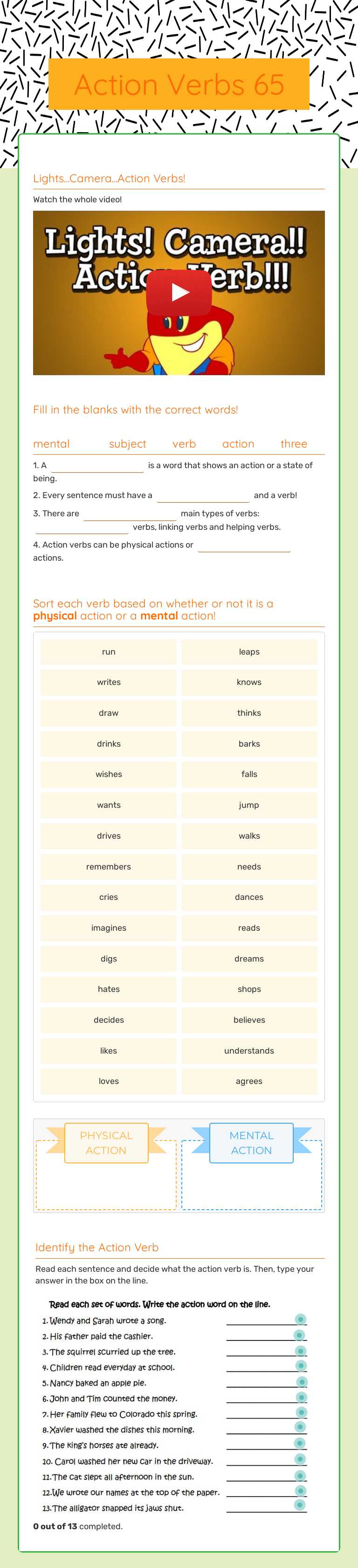 Action Verbs 65 worksheet preview image