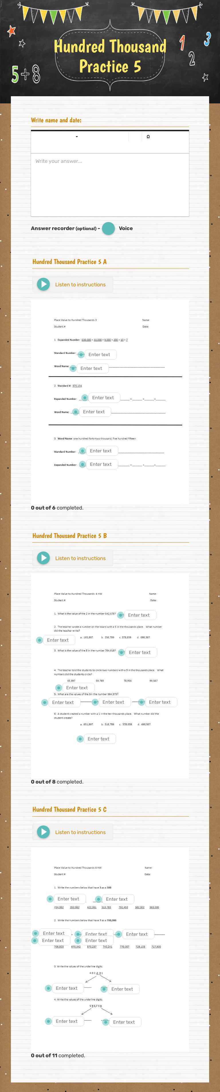 Hundred Thousand Practice 5 Grade 3 worksheet preview