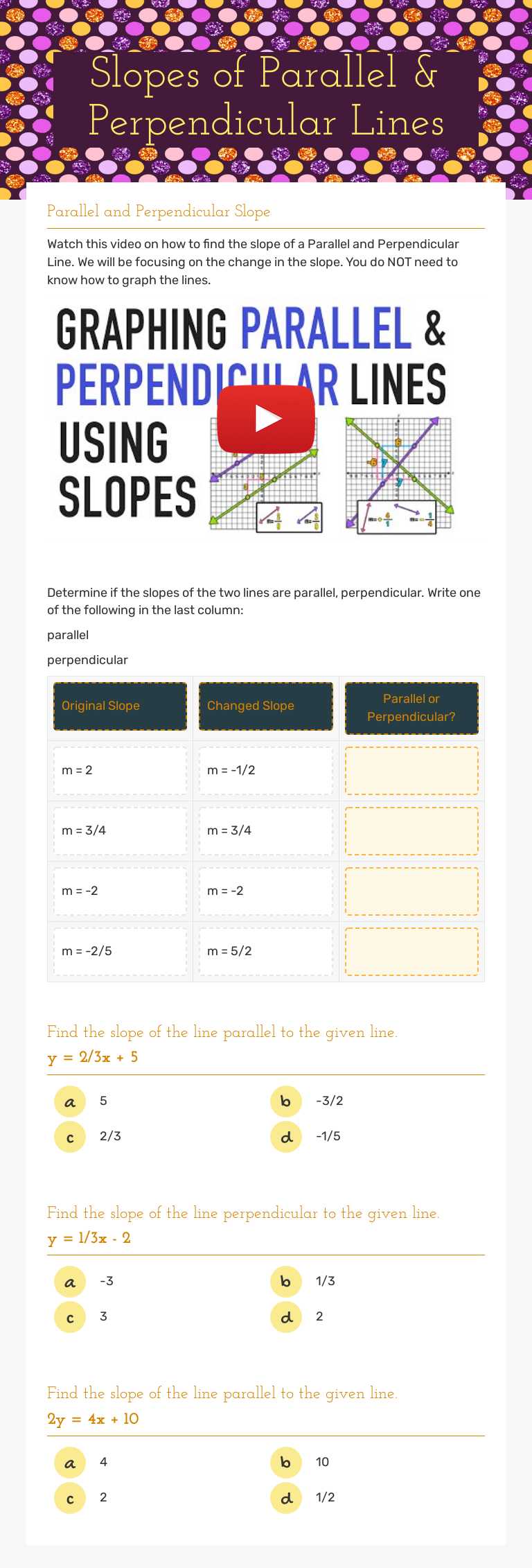 Slopes of Parallel & Perpendicular Lines Grade 9 worksheet preview