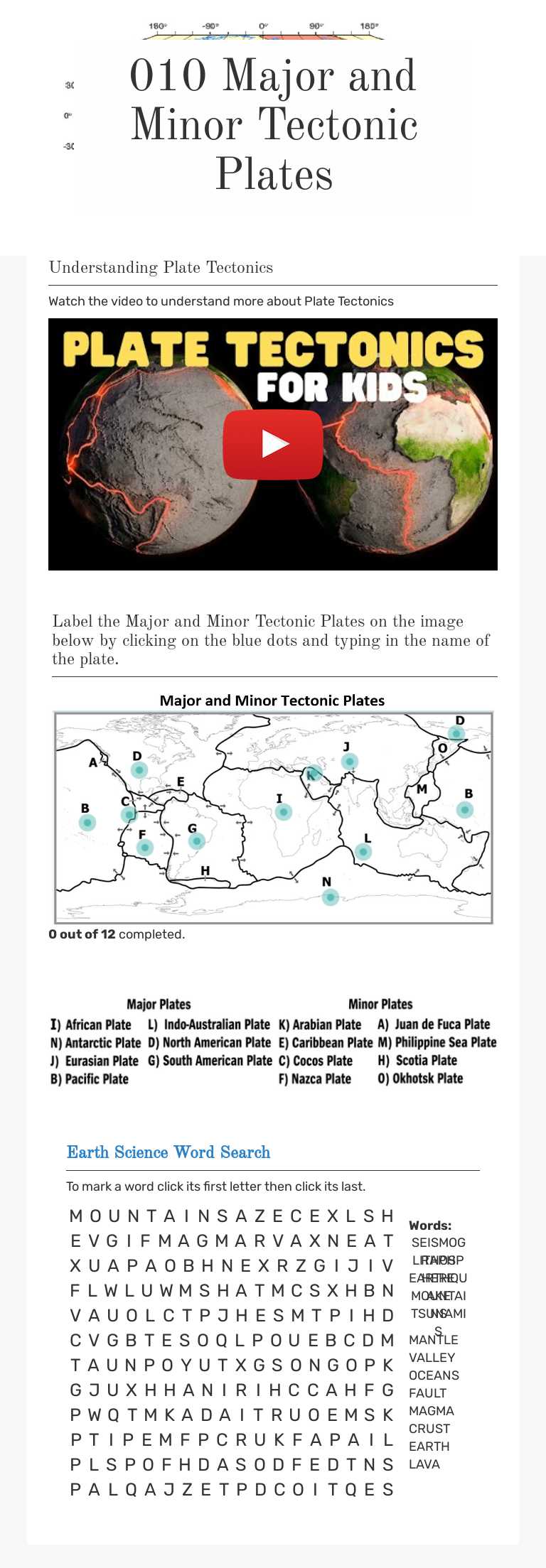 010 Major and Minor Tectonic Plates worksheet preview image