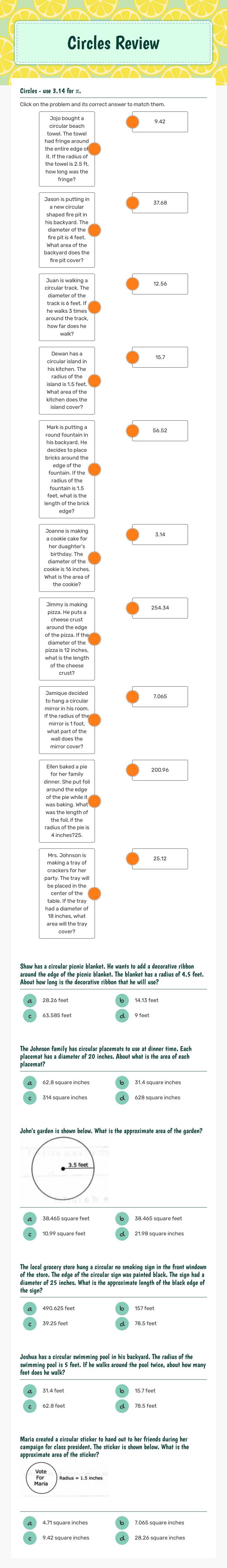 Circles Review worksheet preview image
