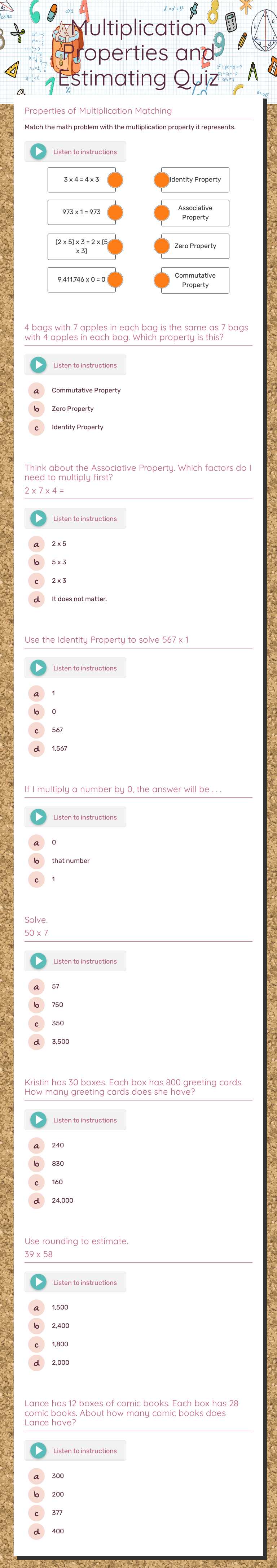 Multiplication Properties and Estimating Quiz Grade 5 worksheet preview