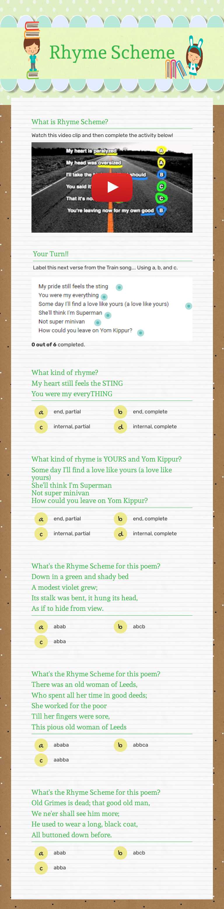 Rhyme Scheme Grade 6 worksheet preview