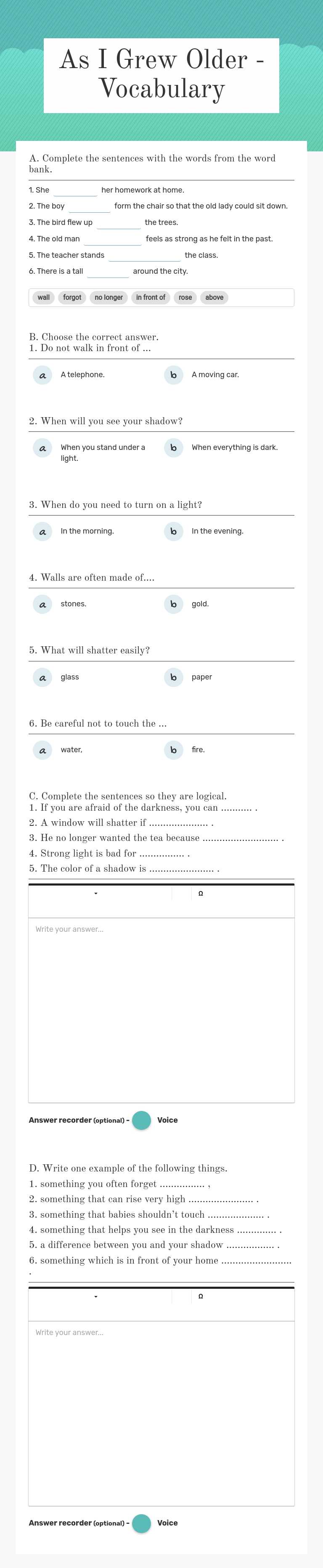 As I Grew Older - Vocabulary Grade 10 worksheet preview