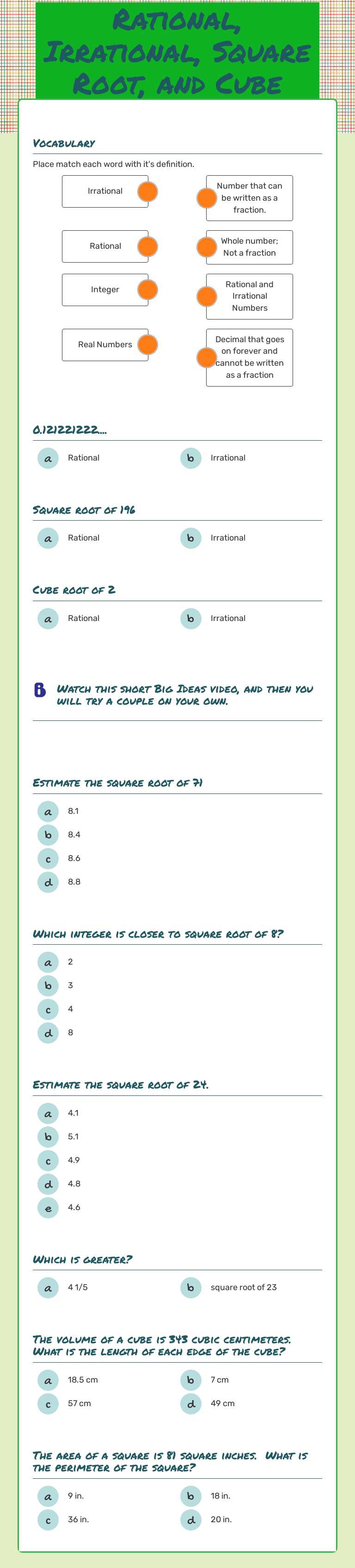 Rational, Irrational, Square Root, and Cube Root Review worksheet preview image