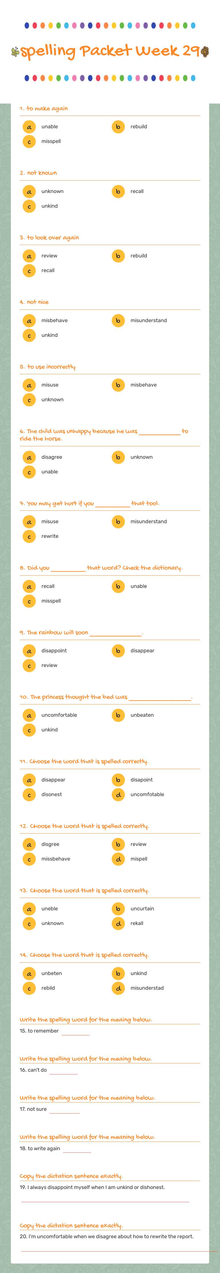 spelling Packet Week 29 worksheet preview image