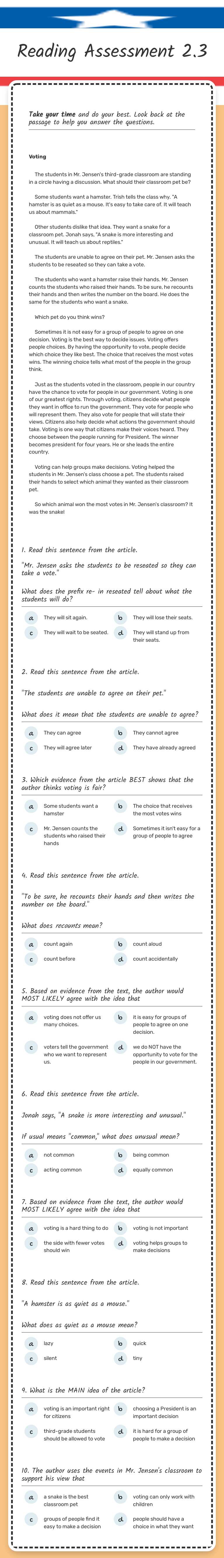 Reading Assessment 2.3 worksheet preview image