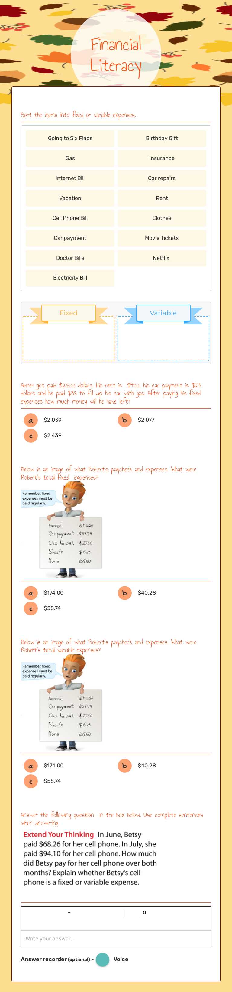 Financial Literacy worksheet preview image