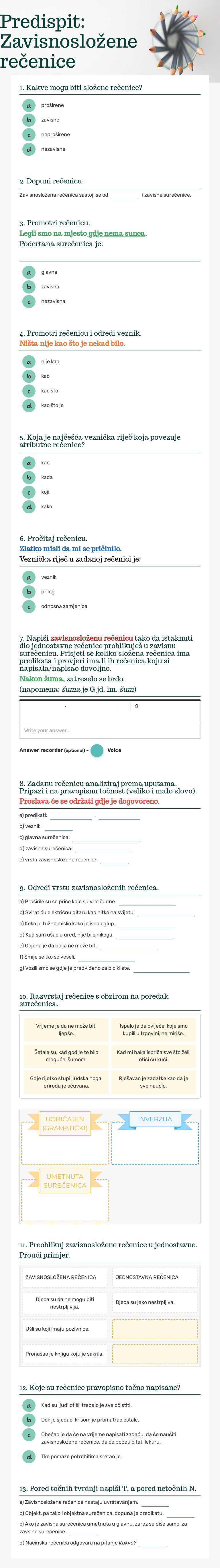 Predispit: Zavisnosložene rečenice worksheet preview image