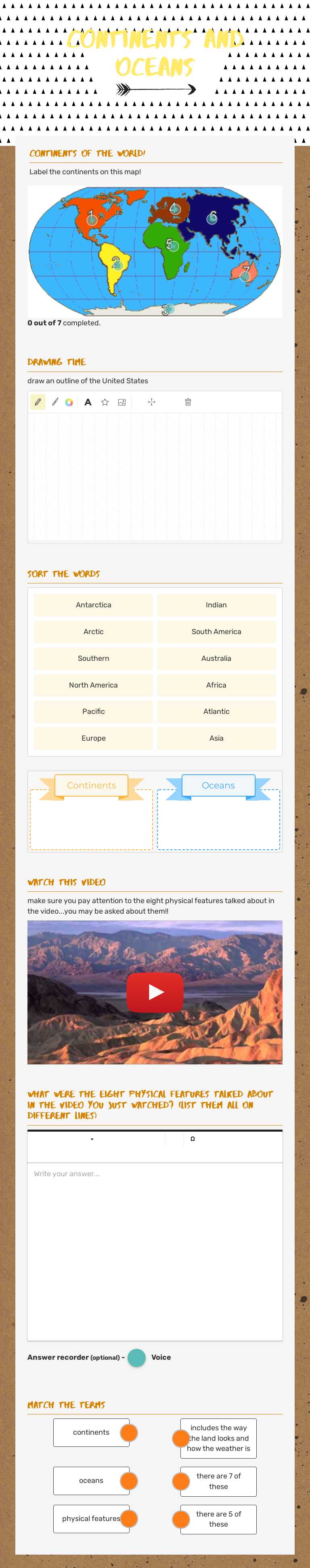 Continents and Oceans worksheet preview image