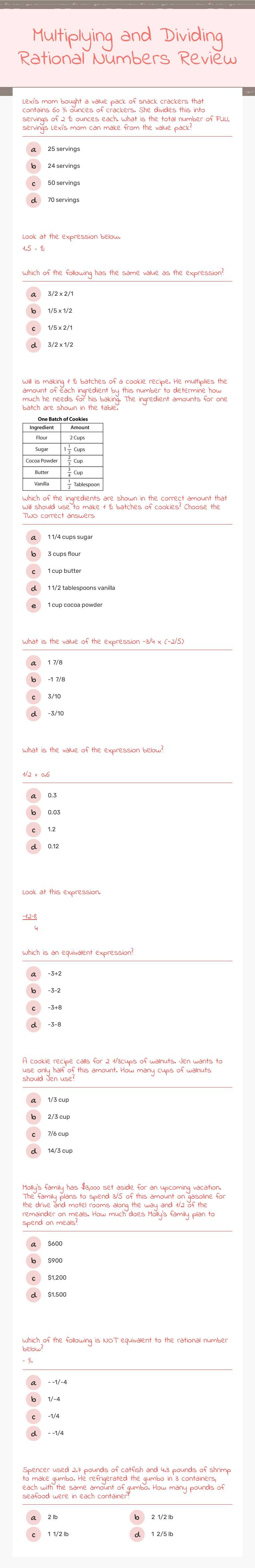 Multiplying and Dividing Rational Numbers Review worksheet preview image