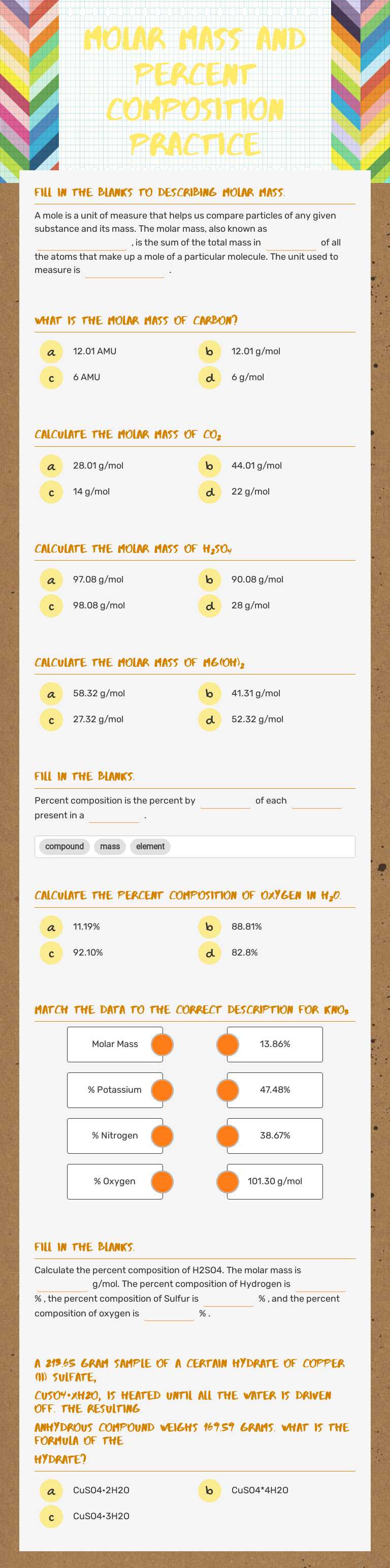 Molar Mass and Percent Composition Practice worksheet preview image