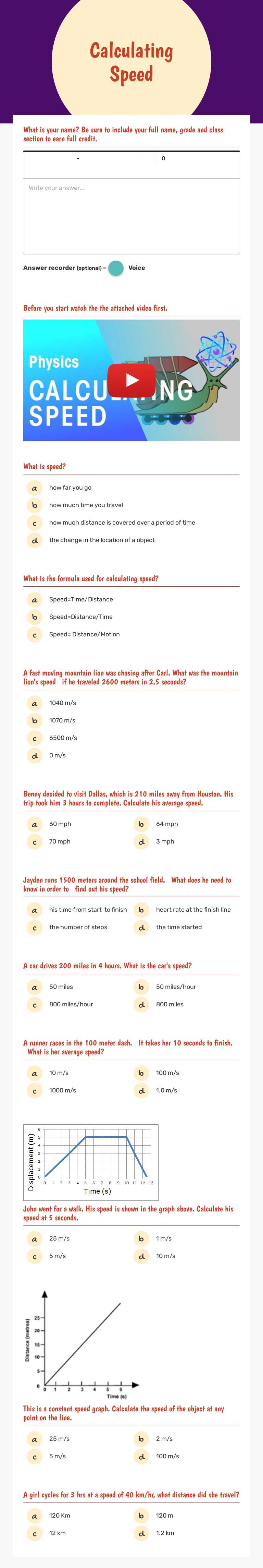 Calculating Speed worksheet preview image