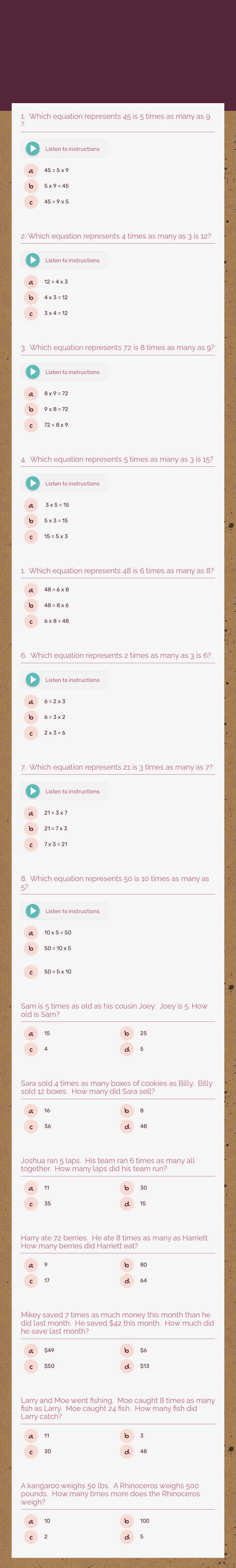 Target 3: Multiplicative Comparisons Grade 4 worksheet preview