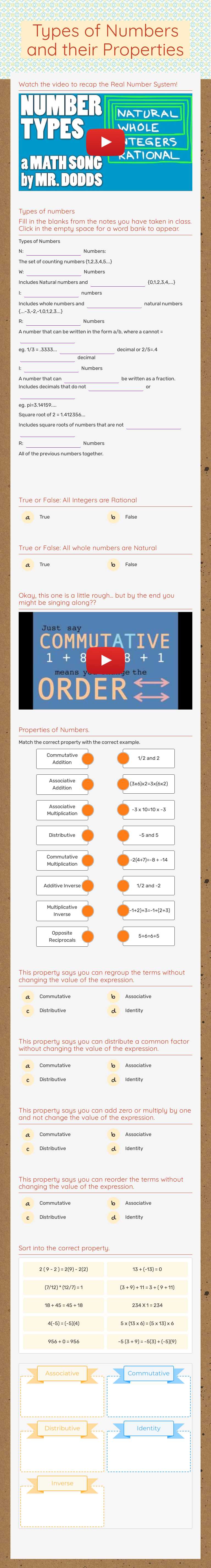 Types of Numbers and their Properties worksheet preview image