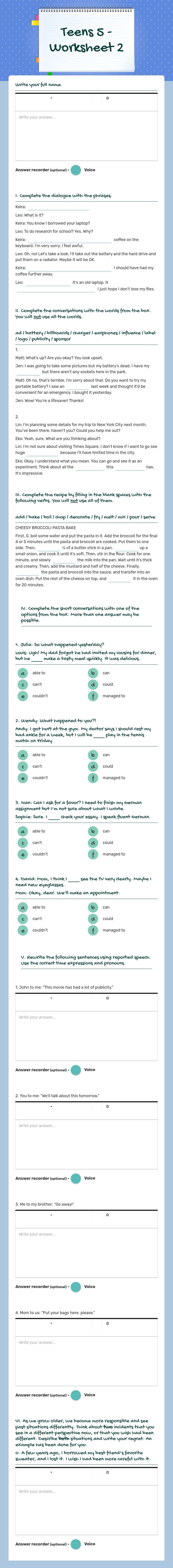 Teens 5 - Worksheet 2 worksheet preview image