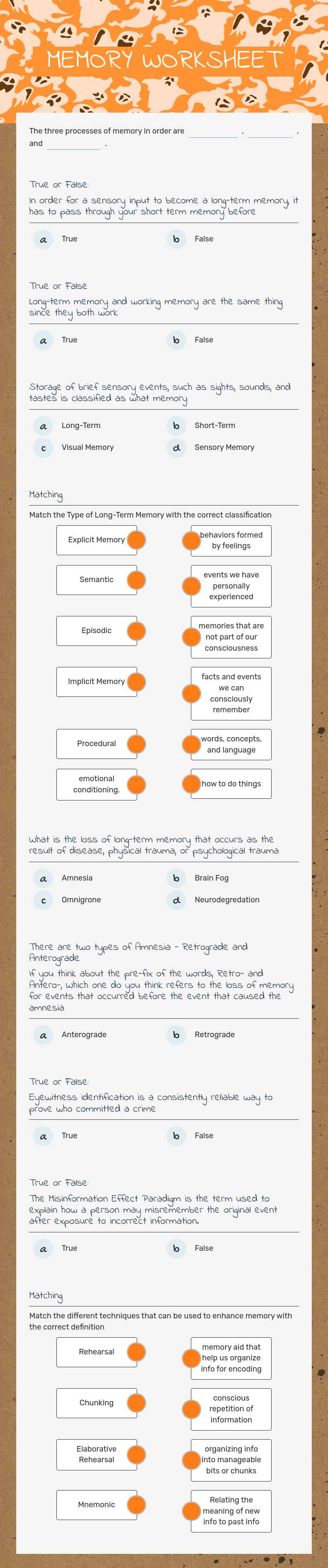 MEMORY WORKSHEET worksheet preview image