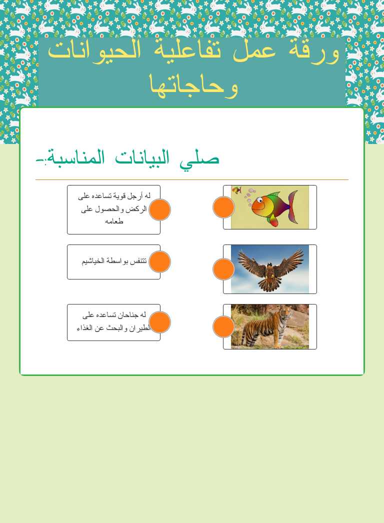ورقة عمل تفاعلية الحيوانات وحاجاتها Grade 1 worksheet preview