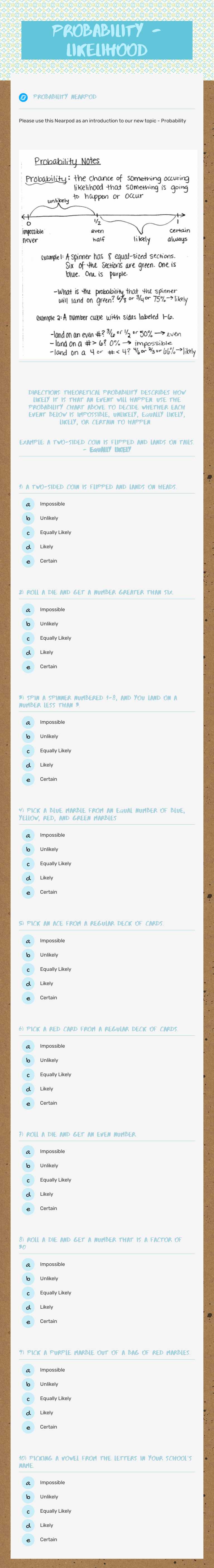 Probability         - Likelihood worksheet preview image