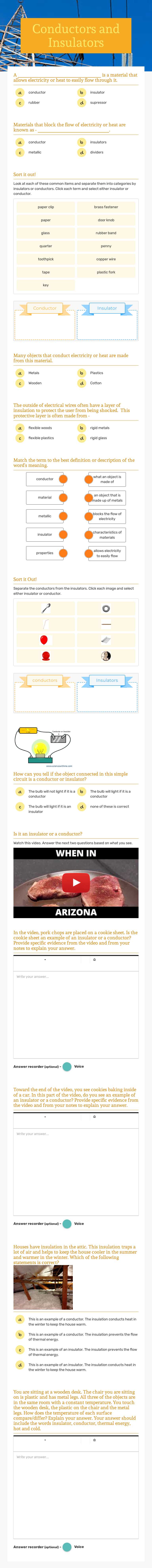 Conductors and Insulators Grade 6 worksheet preview